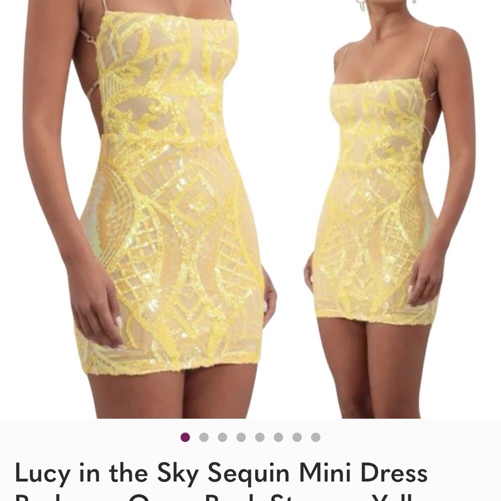 Lucy in the Sky Sequin Mini Dress Bodycon Open Back Strappy Yellow Cream Small